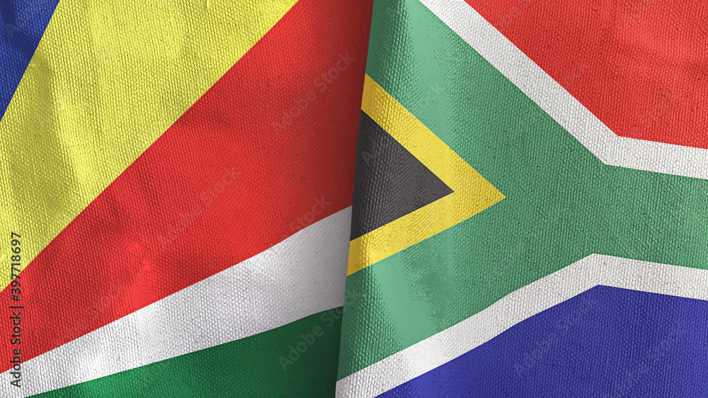Fototapeta premium South Africa and Seychelles two flags textile cloth 3D rendering