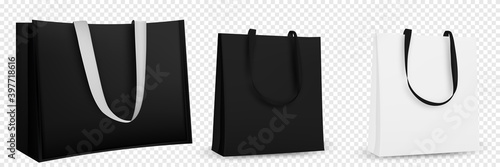 Shopping bag design. Black and white tote shopping bags identity mock-up item template transparent background.