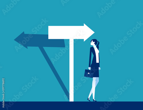 Businesswoman confused with the direction of the arrow sign. The arrow shadow in opposite direction