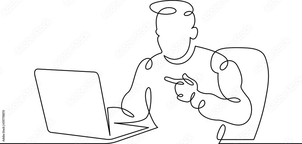 Portrait of a working man at a computer laptop. One continuous drawing line  logo single hand drawn art doodle isolated minimal illustration.Designer journalist manager.