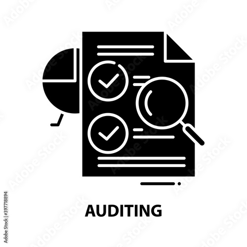 auditing icon, black vector sign with editable strokes, concept illustration