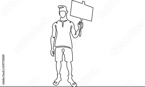 Young man in a protective mask at a rally with a poster in his hand.Social protest and demonstrations. One continuous drawing line, logo single hand drawn art doodle isolated minimal illustration.