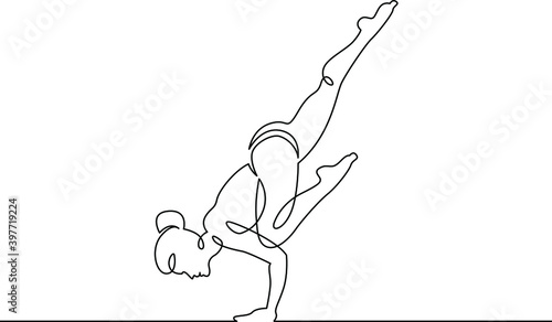 Young woman girl athlete goes in for sports yoga fitness. One continuous drawing line, logo single hand drawn art doodle isolated minimal illustration.