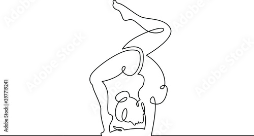 Young woman girl athlete goes in for sports yoga fitness. One continuous drawing line, logo single hand drawn art doodle isolated minimal illustration.