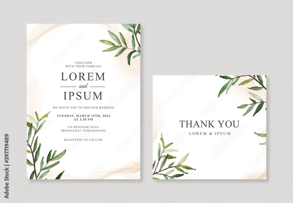 Elegant wedding card invitation template with hand painted watercolor foliage