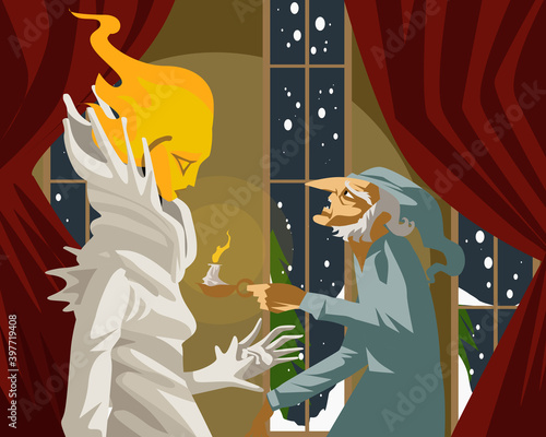 past candle ghost and old man in christmas carol tale