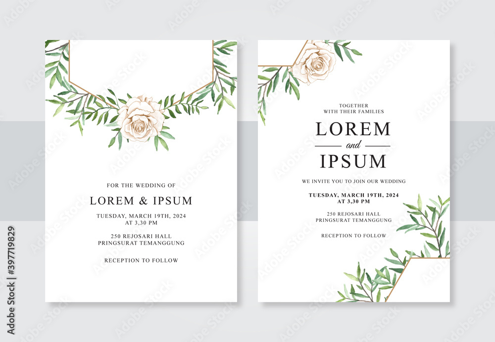 Minimalist wedding invitation template with hand drawn watercolor floral