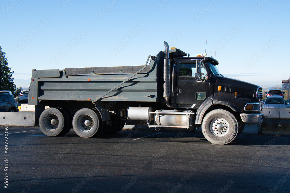 A dump truck parking at the parking lot.   Burnaby BC Canada
