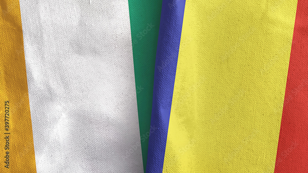 Romania and Cote d'Ivoire Ivory coast two flags textile cloth 3D rendering