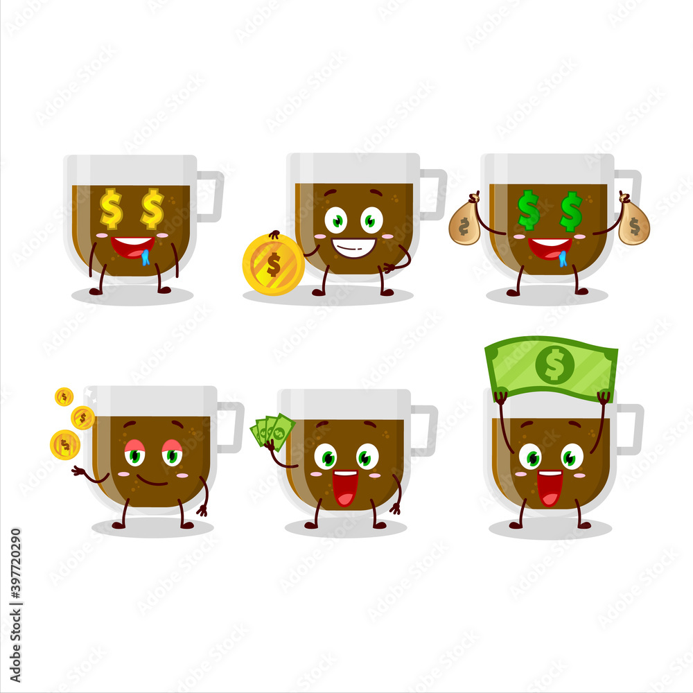 Cup of coffee cartoon character with cute emoticon bring money