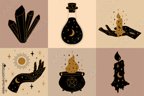 Collection of Witchcraft Icons and Symbols with Cauldron, Candle, Hand and Potion Illustration.