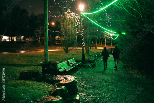 people walking through the park in night