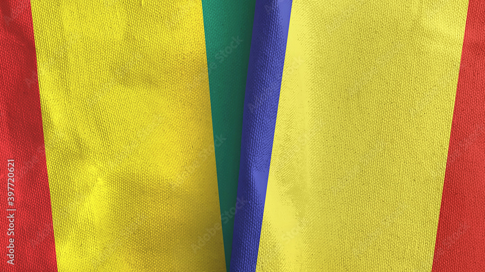 Romania and Guinea two flags textile cloth 3D rendering