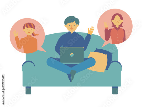 illustration of boy contacting with PC