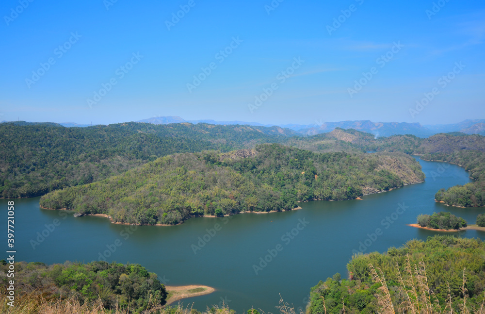 Aerial view of Ponmudi reservoir in Idukki district, Kerala.