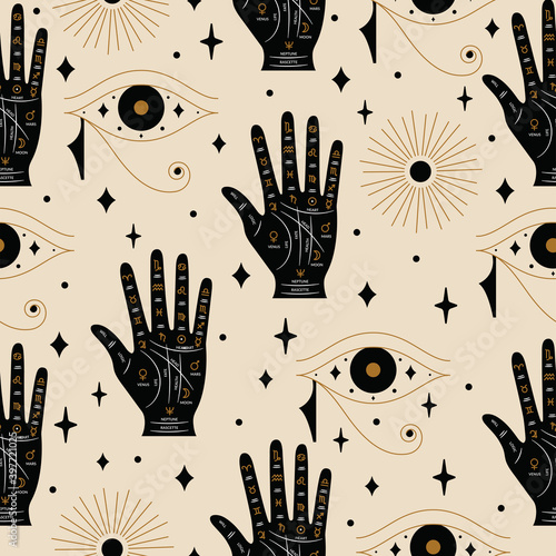 Seamless Astrology Palmistry Pattern in Vector with Palm and Horus Eye