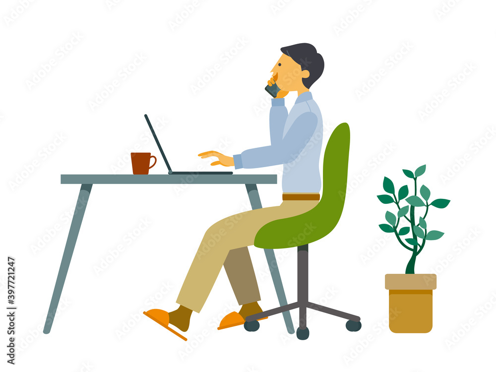 自宅で仕事をする男性のイラスト 自宅で仕事をする男性のイラスト