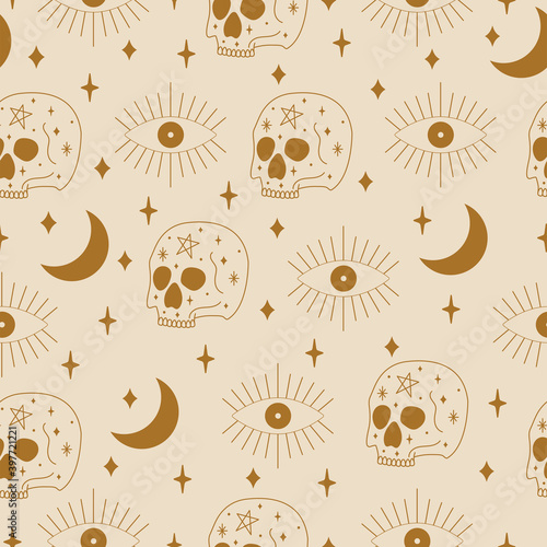 Seamless Astrology Skull and Eye Pattern in Vector.