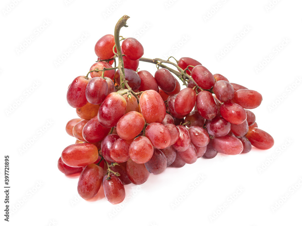 The close up of fresh red grapes organic fruit food isolated on white background.