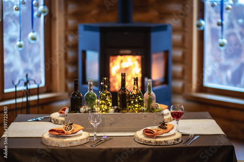 New Year's and Christmas decor. Christmas trees and gifts, decorations