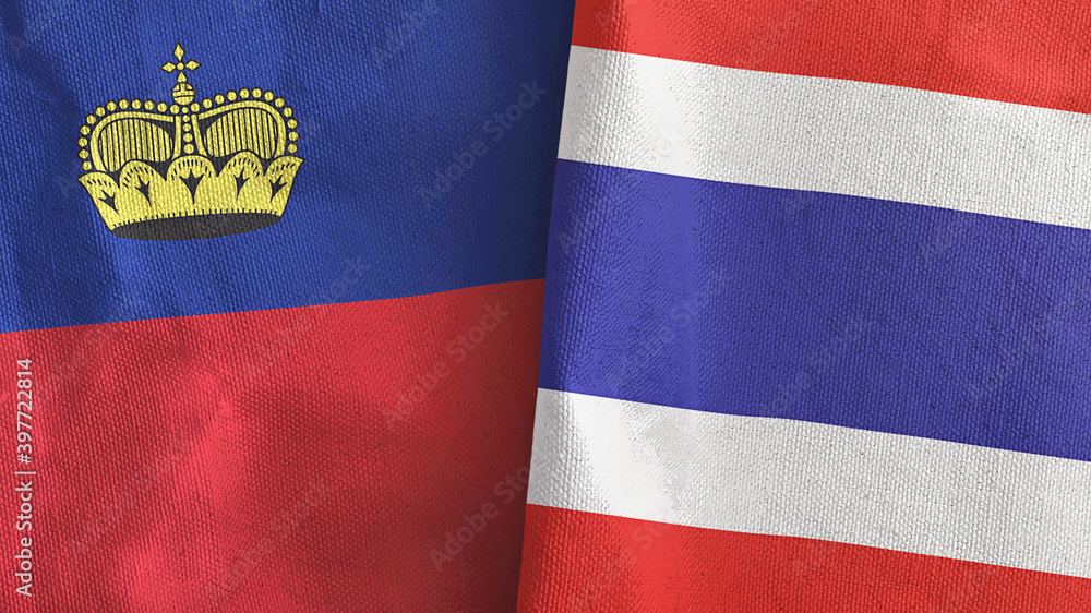 Thailand and Liechtenstein two flags textile cloth 3D rendering