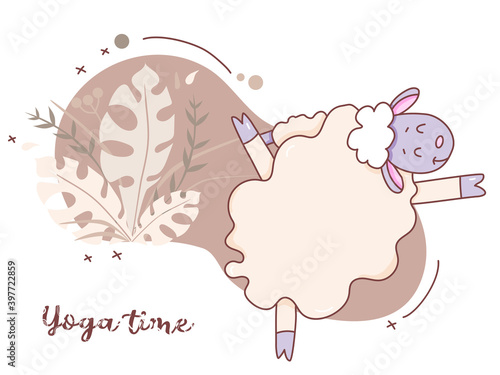 Pets yoga time. cute sheep yogi standing in an asana and stretching. Vector illustration of farm animal on a background with tropical leaves. postcard design, advertising, healthy lifestyle and sports