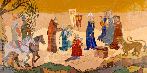 Medieval battle scene. Middle Ages, parchment style. Historical crusades. Ancient book vector illustration. Crusaders warriors and soldiers go to war. Holy Grail