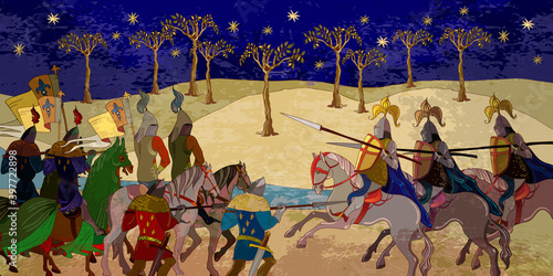 Medieval battle scene. Ancient book vector illustration. Middle Ages, parchment concept. Historical miniature art. Knights, cavalry. Siege of the castle