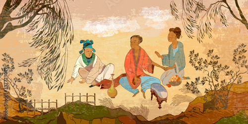 Ancient China. Classic wall drawing. Murals and watercolor asian style. Hand-drawn vector illustration. Oriental people. Traditional Chinese paintings. Tradition and culture of Asia
