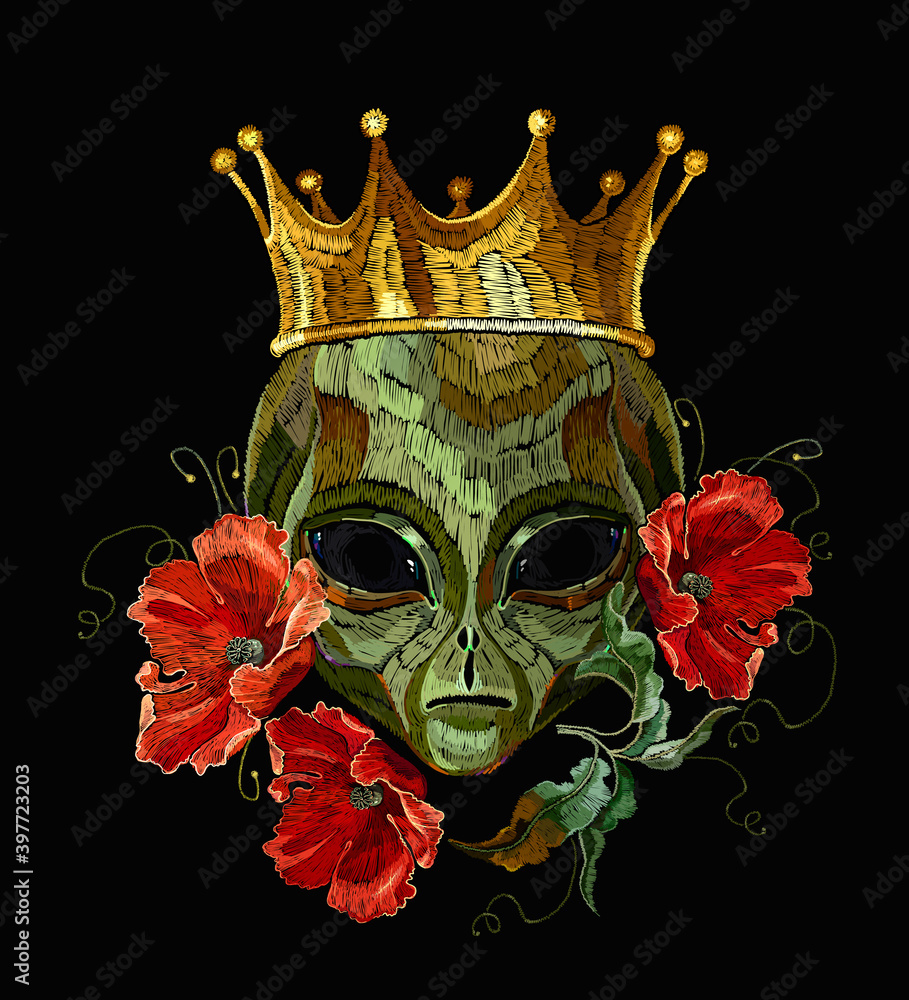 Alien head, golden crown and poppies flowers. Embroidery. Gothic style, science fiction style. UFO art. Template for clothes, t-shirt design