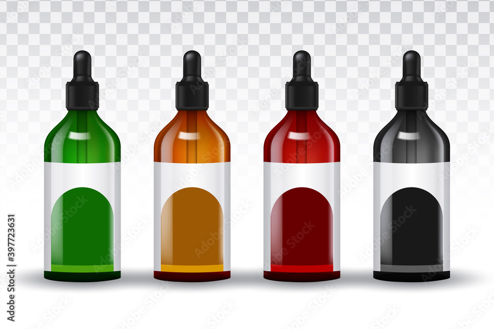Vector realistic set bottles for essential oils and cosmetic products Vector realistic set bottles for essential oils and cosmetic products