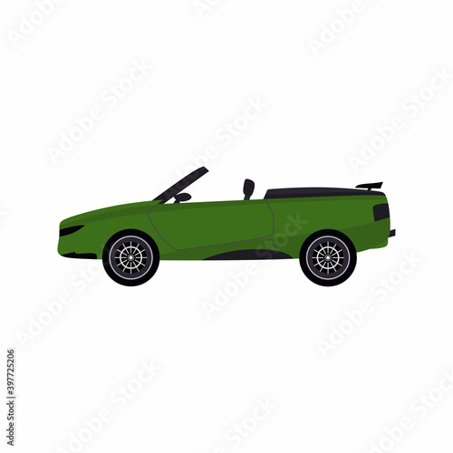 Green modern cartoon colored cabriolet car. Sport car without roof isolated on white background. Convertible car. Vector flat design illustration.