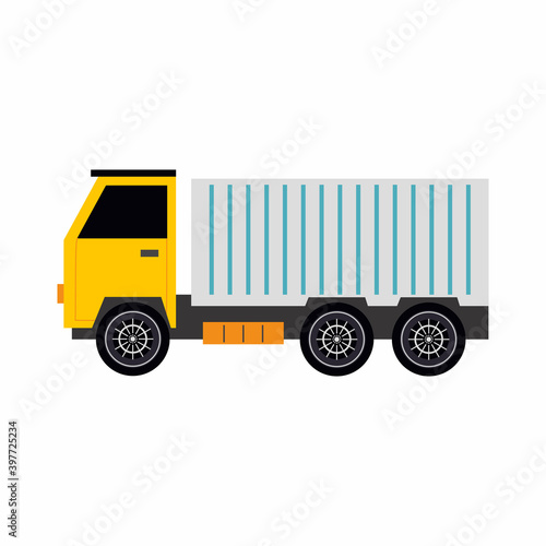 Logistics truck fleet vehicles. Cargo truck in yellow isolated on white background. Delivery service concept. Vector illustration in a flat cartoon style