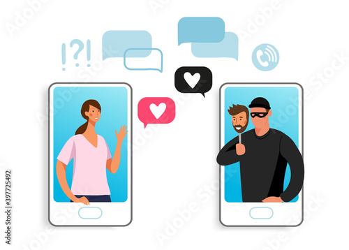The girl communicates on the phone with a scammer. Concept illustration of online fraud, online dating, cybercrime. Cartoon illustration isolated on white