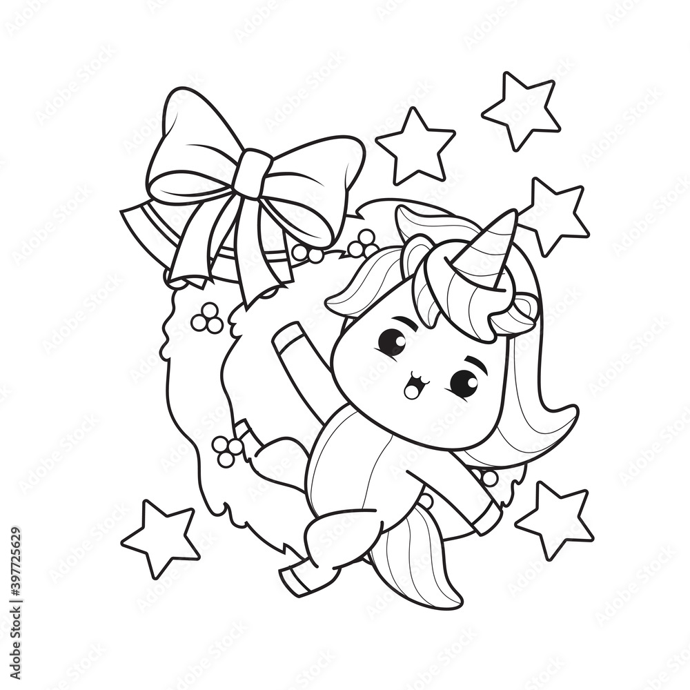 Coloring book christmas day with cute unicorn 