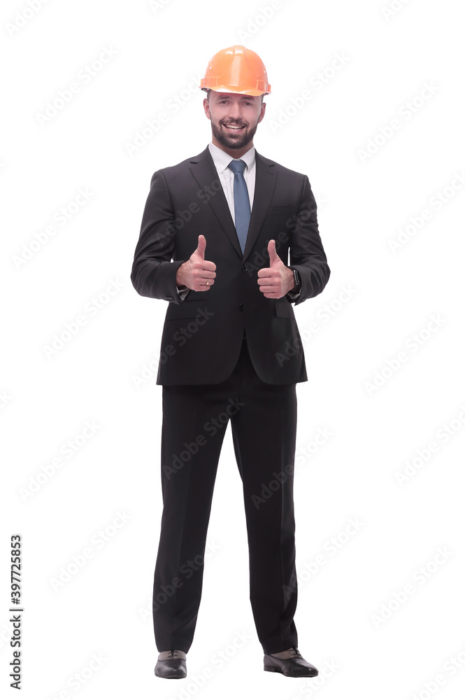 businessman in helmet showing thumbs up. isolated on white businessman in helmet showing thumbs up. isolated on white