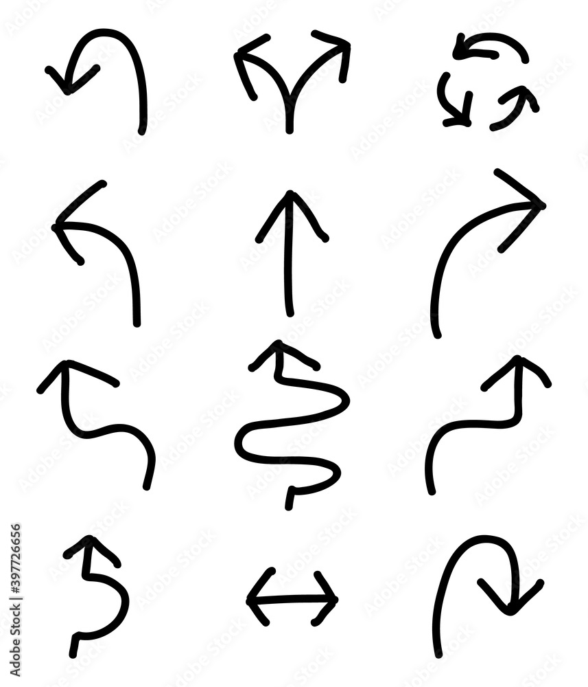Set of black handdrawing in multiple shape of arrow symbol on white background Set of black handdrawing in multiple shape of arrow symbol on white background
