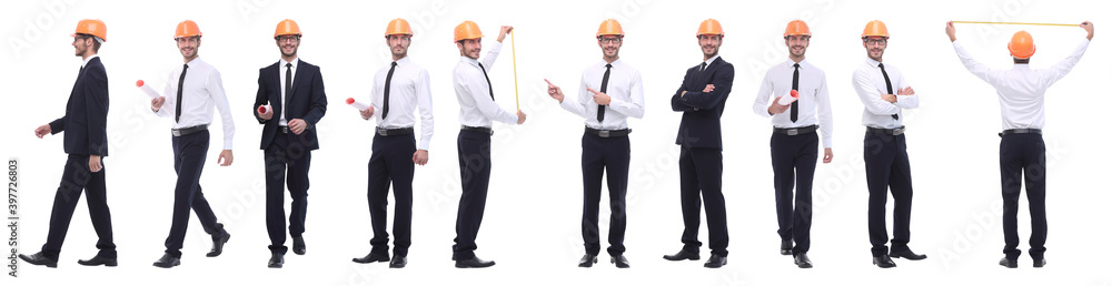 panoramic photo collage of confident architect isolated on white panoramic photo collage of confident architect isolated on white