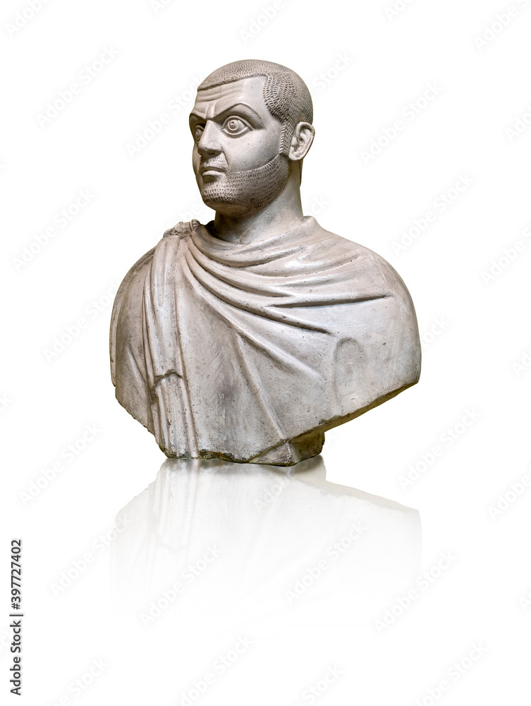 Marble bust of the ancient Roman emperor Maximinus Daia isolated on white background. Design element with clipping path Marble bust of the ancient Roman emperor Maximinus Daia isolated on white background. Design element with clipping path