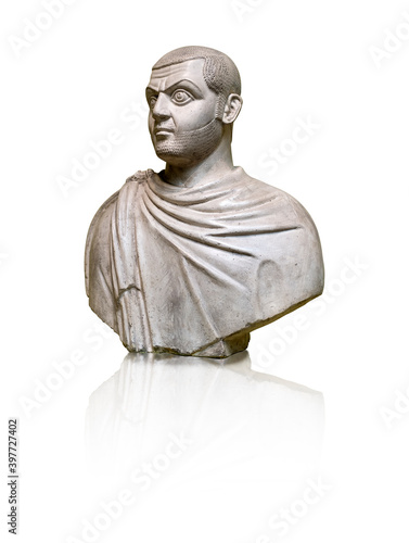 Marble bust of the ancient Roman emperor Maximinus Daia isolated on white background. Design element with clipping path photo