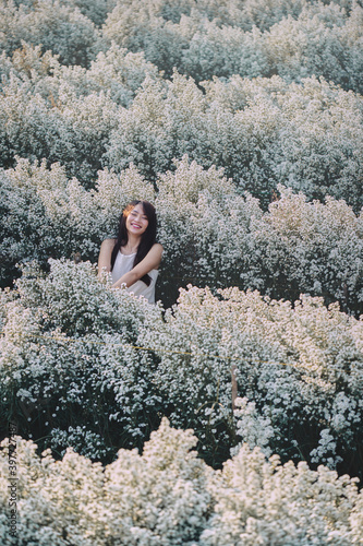 Obraz na płótnie Happy Asian woman in white dress sitting in the garden of white flowers w salonie