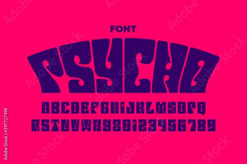 Psychedelic style font design, 1960s alphabet letters and numbers