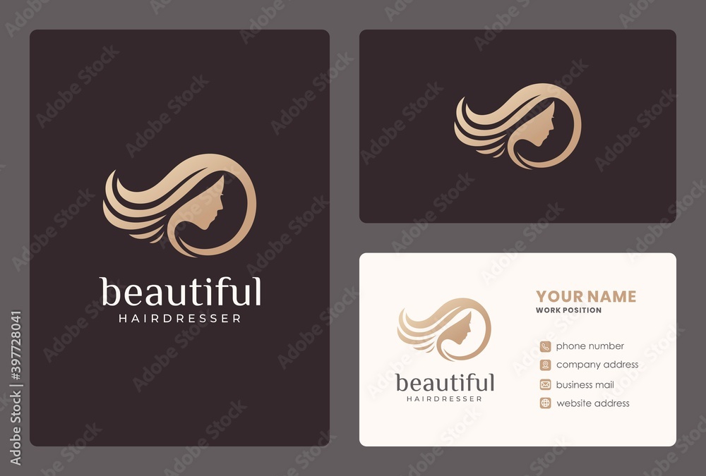 woman face, hair care, beauty salon logo design with business card template. woman face, hair care, beauty salon logo design with business card template.