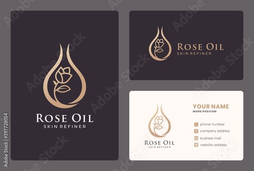 elegant rose oil, cosmetics, beauty care, flower, drops, skin care logo design with business card.