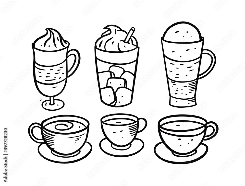 Fototapeta premium Drinks and coffee set. Hand drawing black color. Doodle style vector illustration.