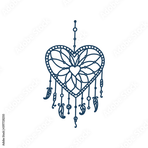 Heart dreamcatcher with tribal feathers. Dreamcatcher for Saint Valentine Day. Vector illustration in doodle style