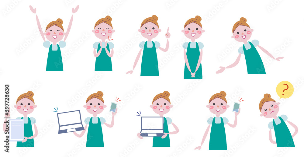 エプロンを付けた女性のさまざまな表情 セット イラスト
エプロンを付けた女性のさまざまな表情 セット イラスト