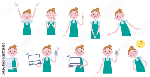 エプロンを付けた女性のさまざまな表情　セット　イラスト	
