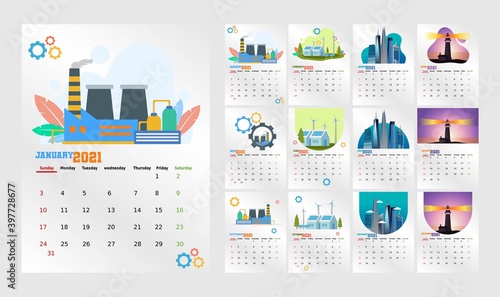 Industrial Themes Calendar 2021 Vector Illustration. 