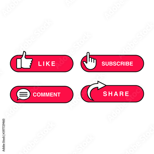 Like, Share, Comment and  Subscribe icon button vector illustration. Set of social media button or icon vector illustration design template for video channel  blog and background banner concept